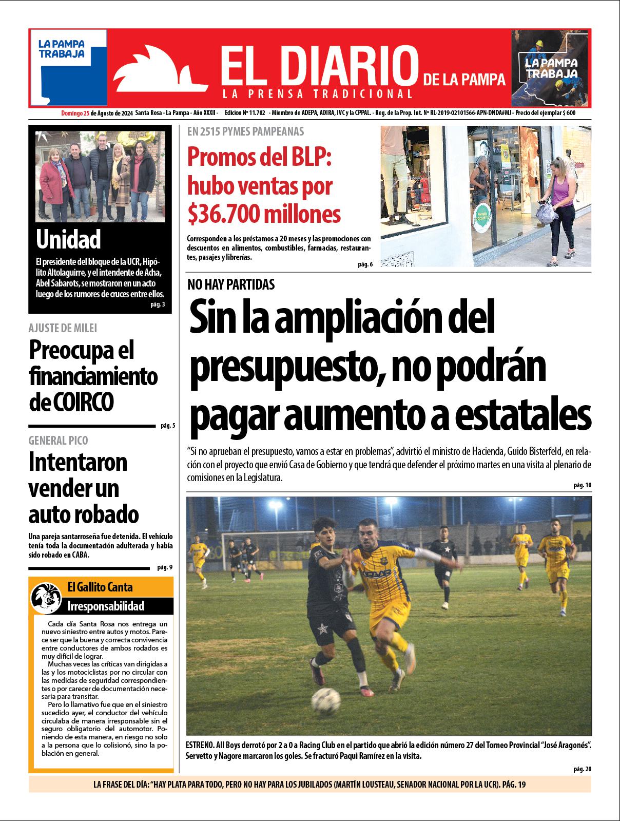 Tapa de El Diario en papel  domingo 25 de agosto de 2024